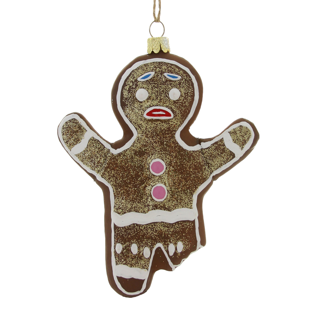 Brown gingerbread man ornament with glitter details and missing leg design.