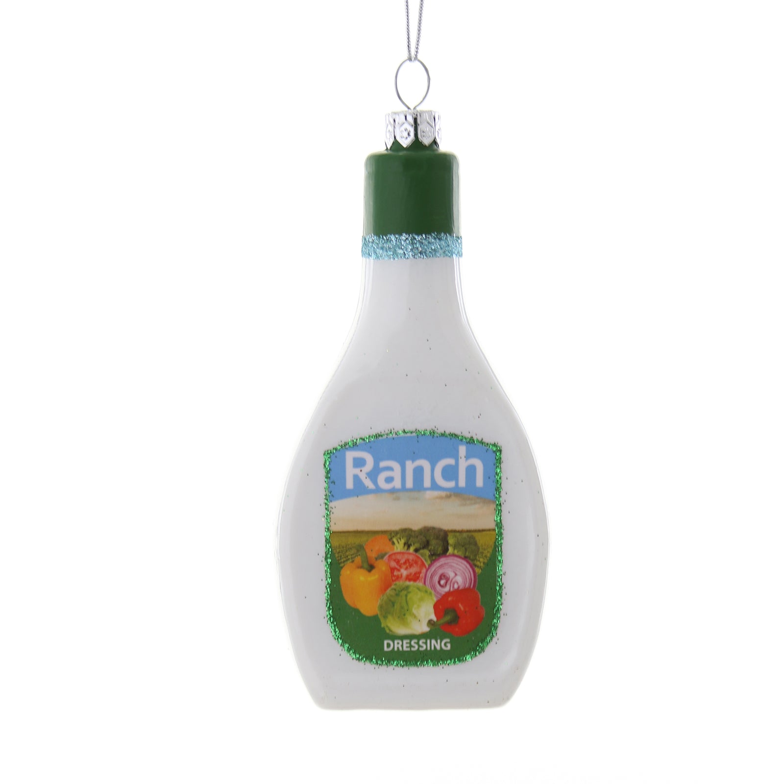 Ornament shaped like a ranch dressing bottle with green cap and vegetable label.