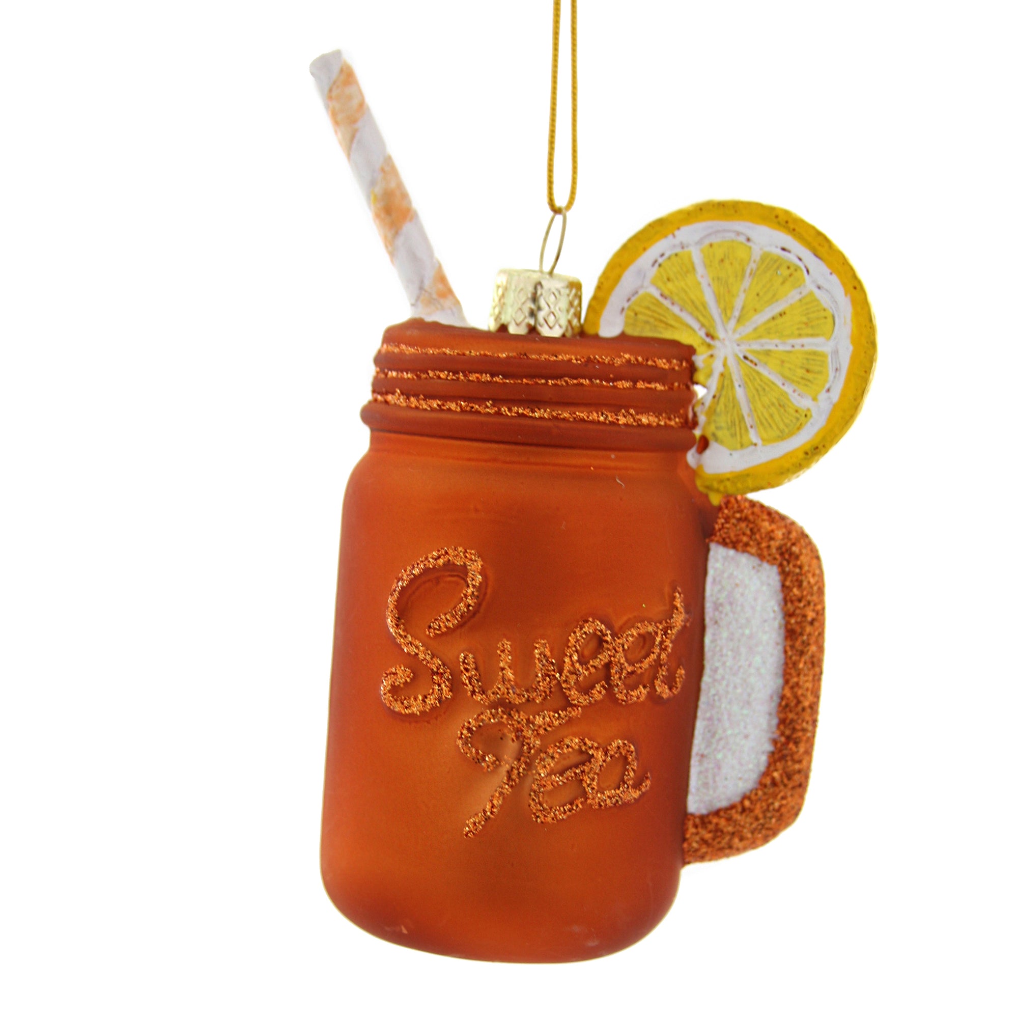Tea-brown ornament shaped like a mason jar with “Sweet Tea” text, lemon slice, and straw.