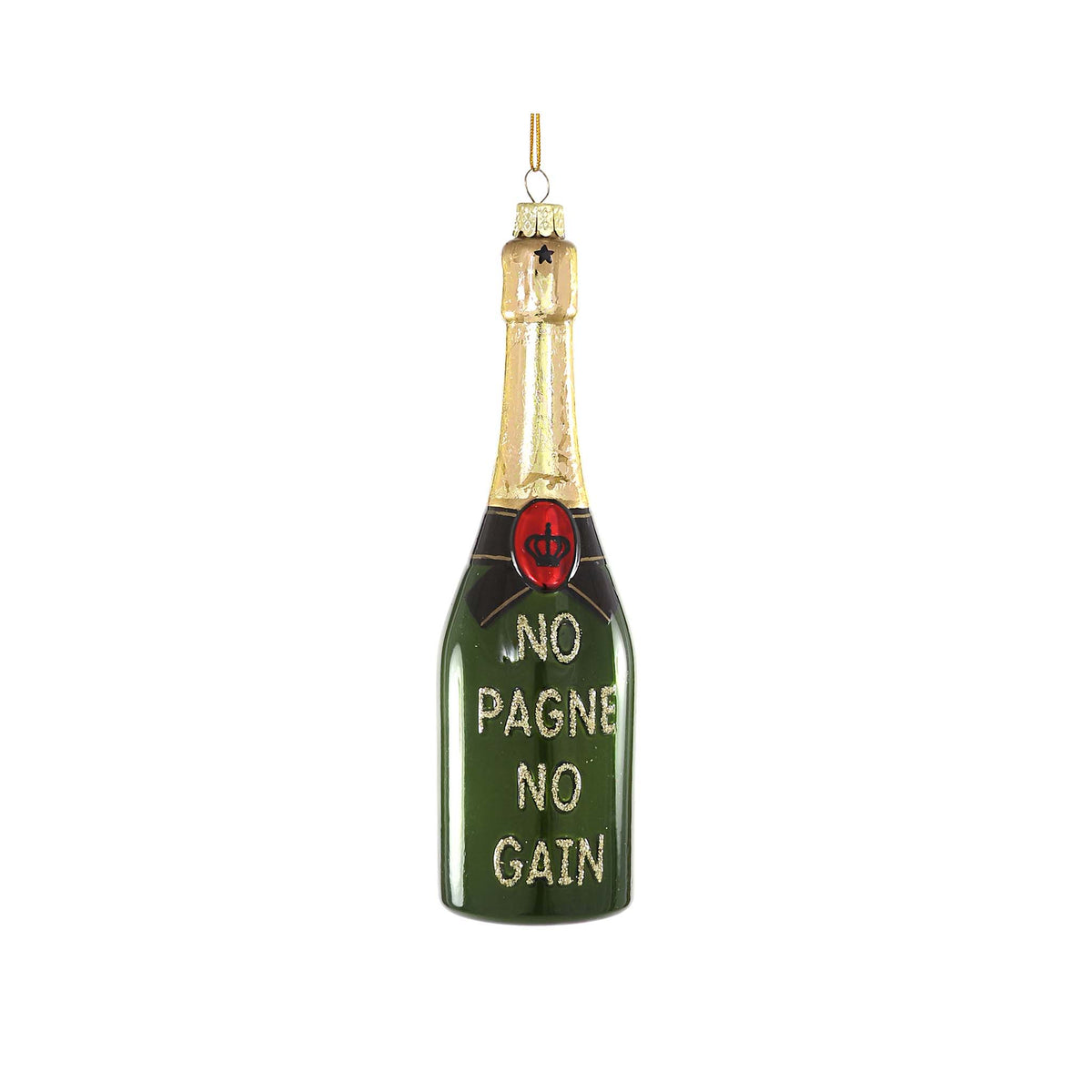 6" Cody Foster champagne bottle ornament featuring gold accents and witty “No Pagne No Gain” lettering