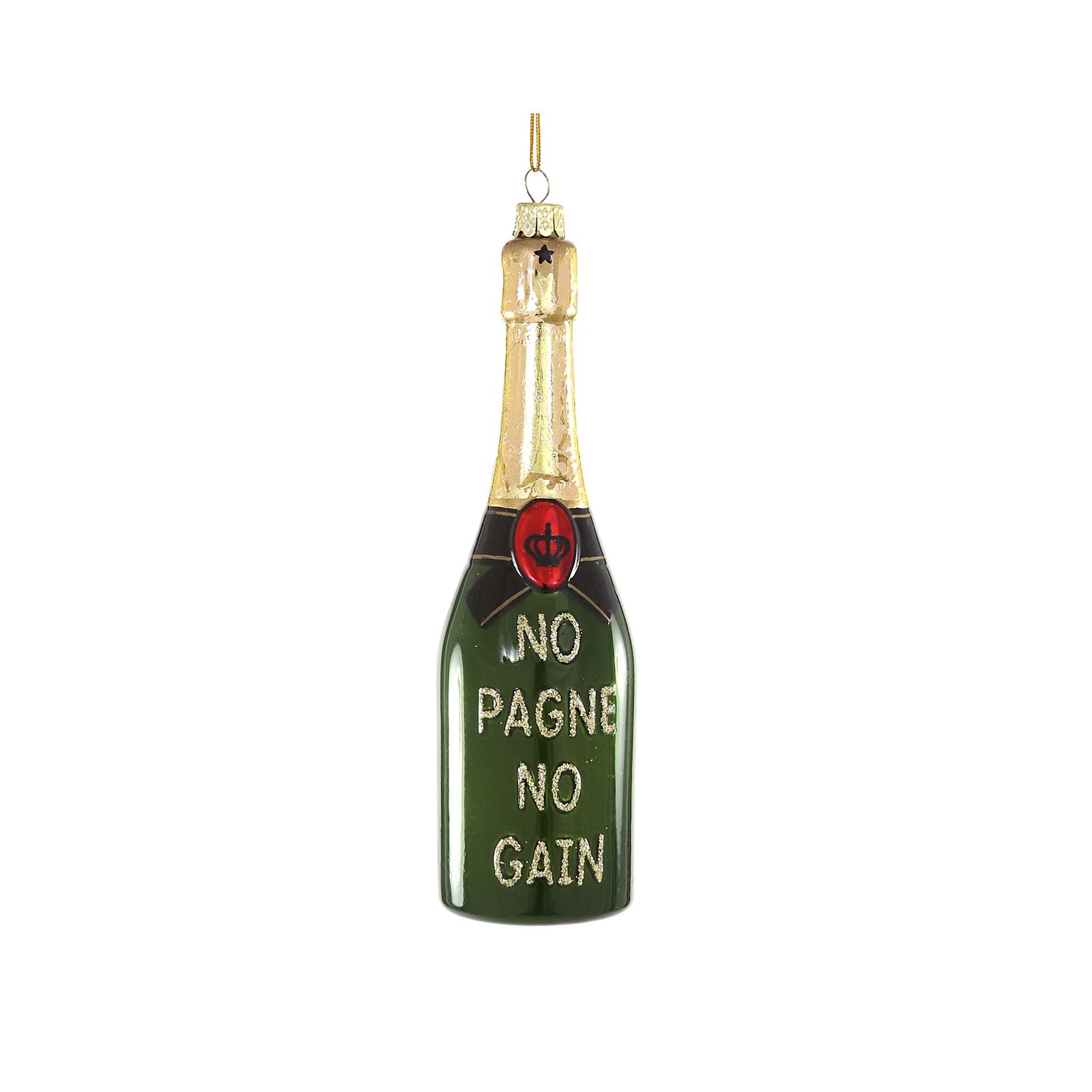 6" Cody Foster champagne bottle ornament featuring gold accents and witty “No Pagne No Gain” lettering