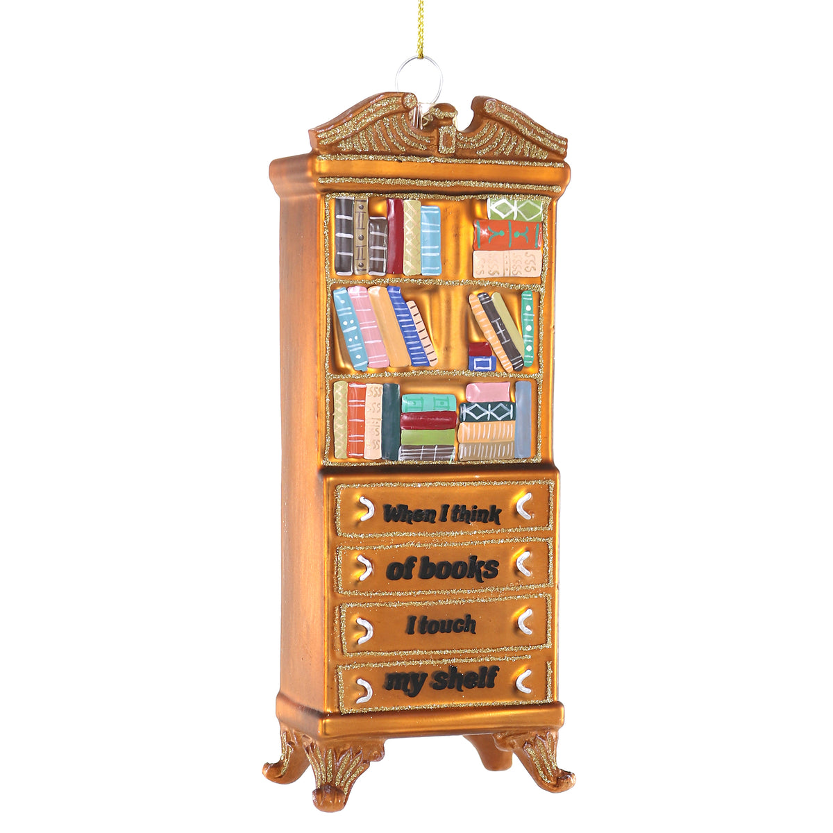 Brown bookshelf ornament with colorful books and phrase “When I think of books, I touch my shelf.”