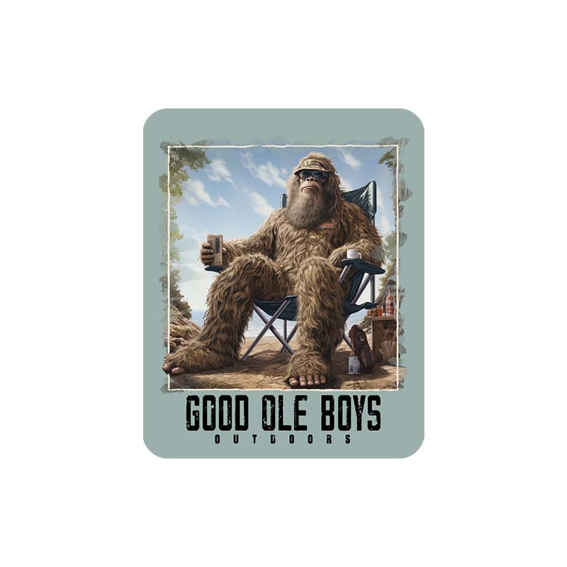 Good Ole Boys Outdoors decal of a sasquatch sitting in a lawn chair.
