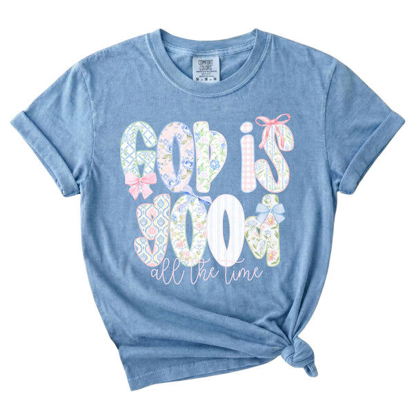 Dash forward God Is Good Patchwork Short Sleeve T-Shirt in washed denim blue