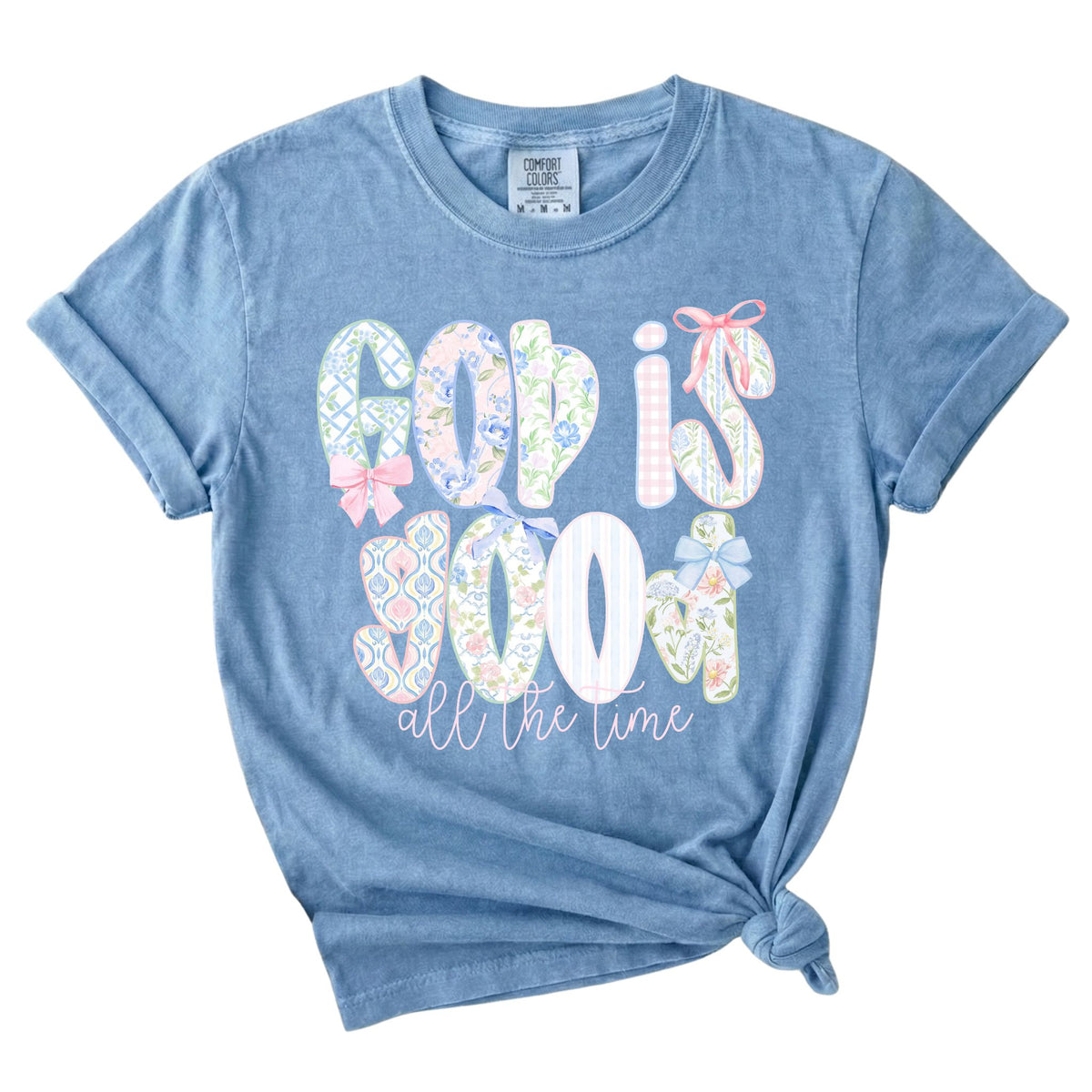 Dash forward God Is Good Patchwork Short Sleeve T-Shirt in washed denim blue