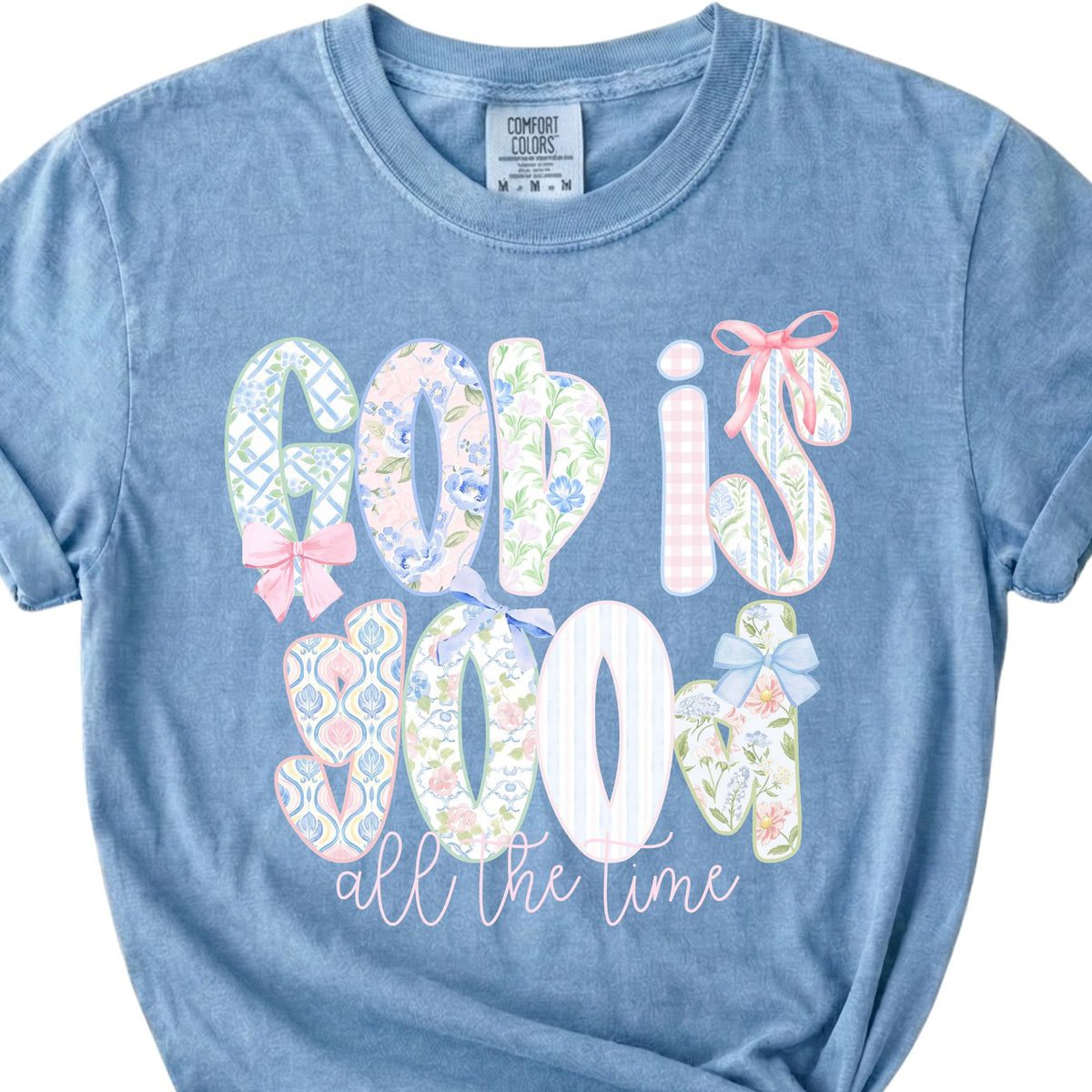 Dash forward God Is Good Patchwork Short Sleeve T-Shirt in washed denim blue