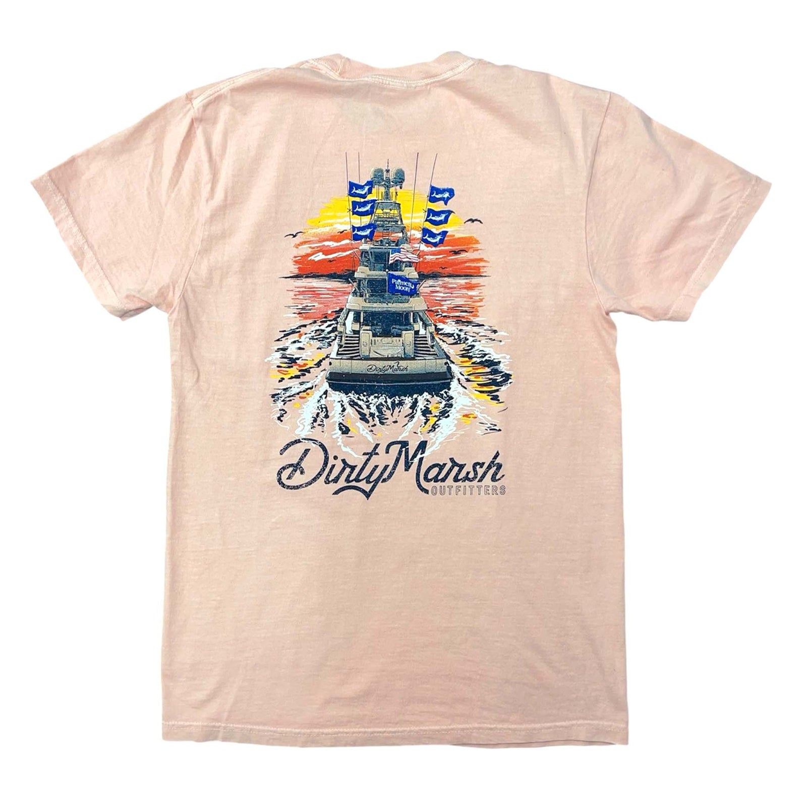 Flat lay of peach Dirty Marsh t-shirt back featuring graphic of a fishing boat at sunset, “Palmetto Moon” flag, and “Dirty Marsh Outfitters” text.