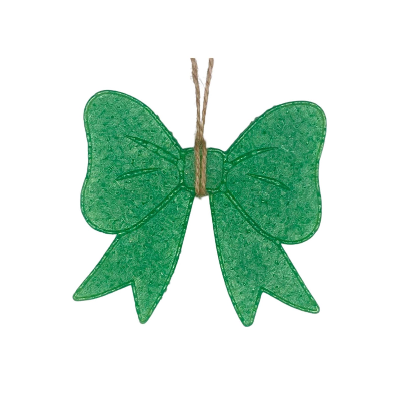 Green bow-shaped air freshener with textured surface and twine loop for hanging.