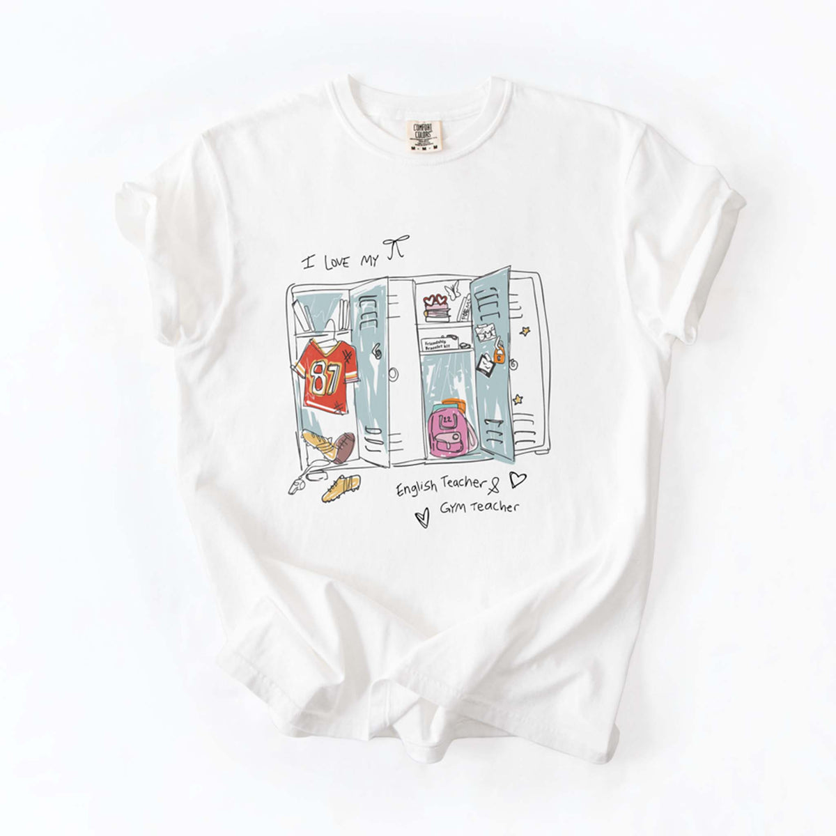 White short sleeve Locker Sketch Tee with hand-drawn locker graphic featuring jersey, shoes, books, and doodles.