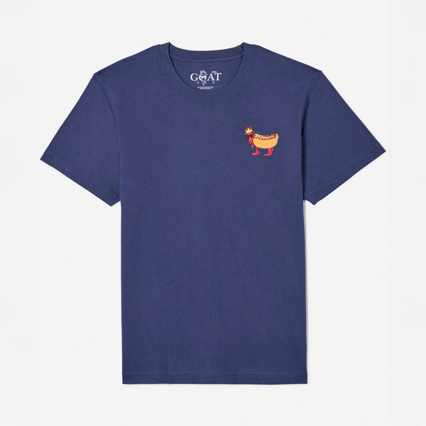 GOAT USA youth navy t-shirt with a small graphic of a goat in a hot dog bun and a crown on the front left chest.