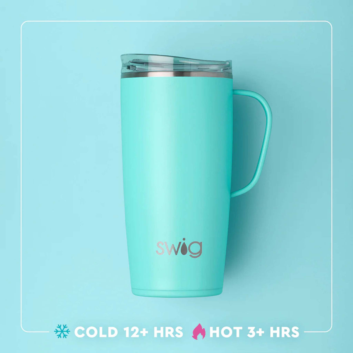 Light teal Swig Life 22oz travel mug with handle and clear slider lid, with text indicating it keeps drinks cold for 12+ hours and hot for 3+ hours.