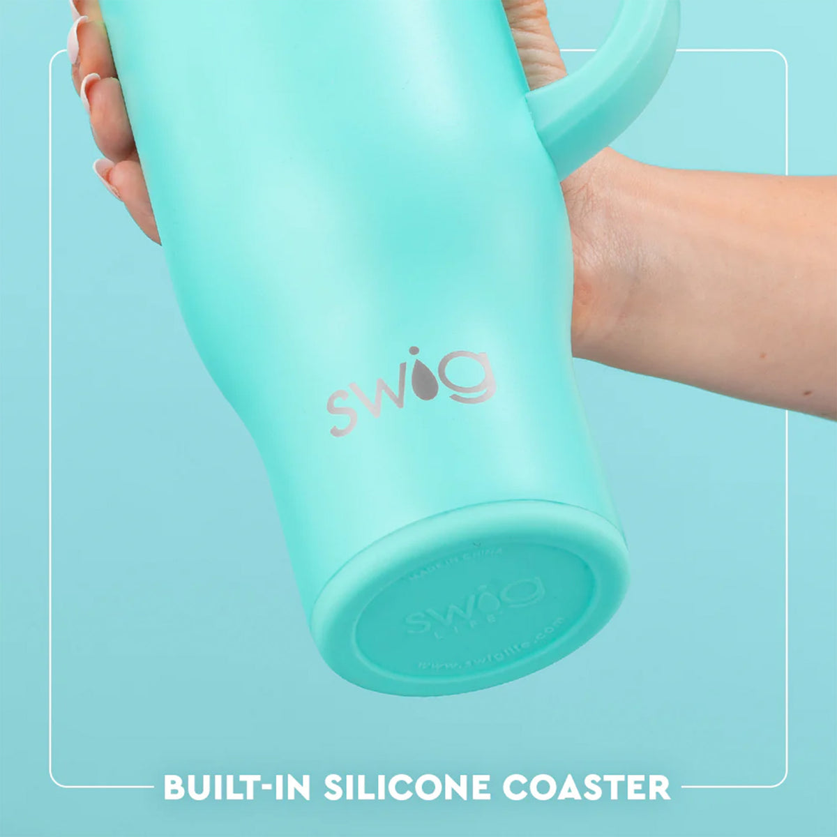 Swig Life 30oz Mega Mug in teal with built-in silicone coaster base for no-slip grip