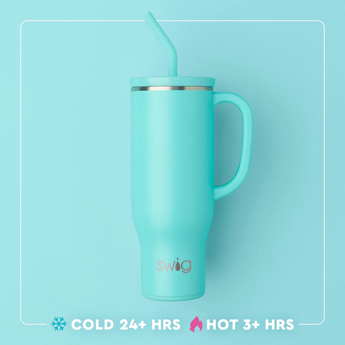 Swig Life 30oz Mega Mug in teal with handle and silicone straw, keeps drinks cold 24+ hours and hot 3+ hours.
