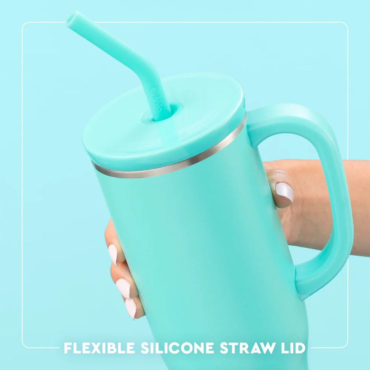Swig Life 30oz Mega Mug in teal showing flexible silicone straw lid for sipping convenience.