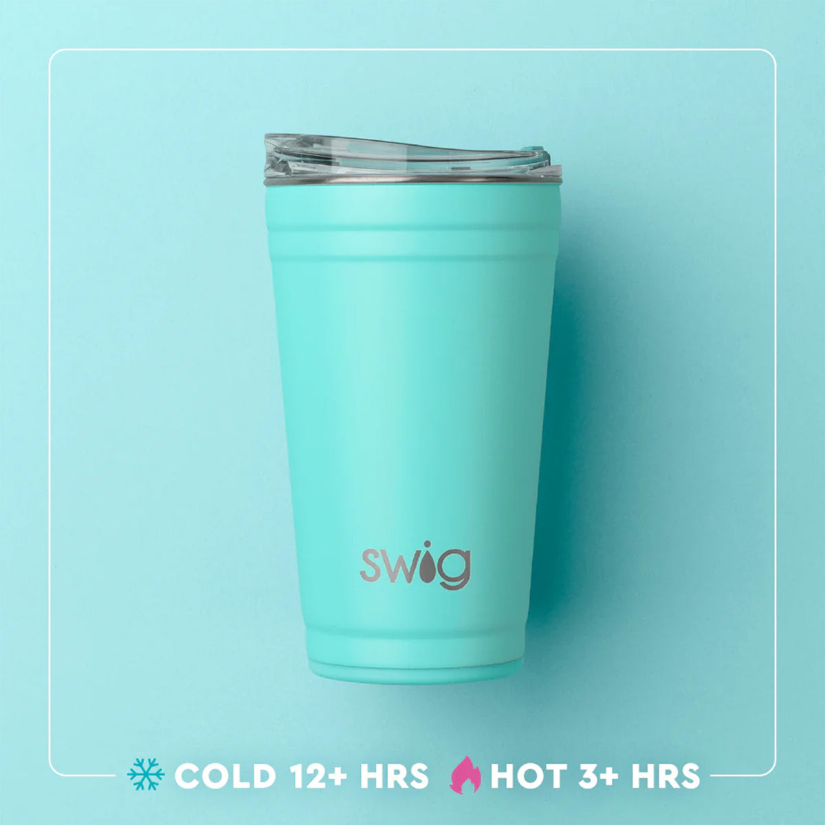 Light teal Swig Life party cup with clear slider lid, with text indicating it keeps drinks cold for 12+ hours and hot for 3+ hours.