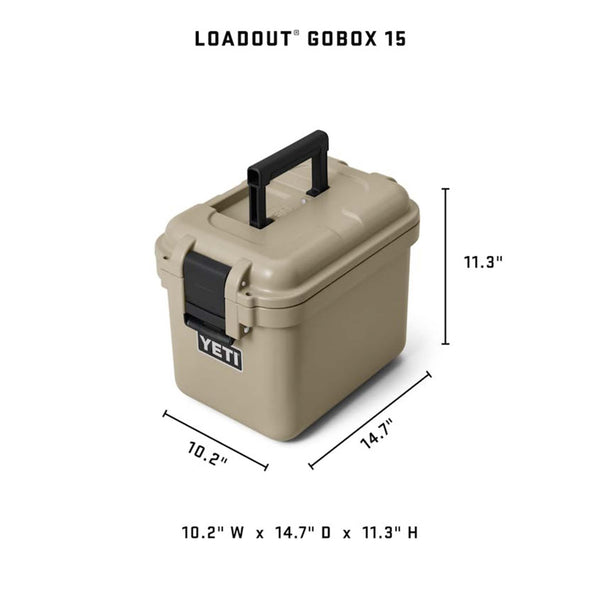 YETI Loadout GoBox 15 with dimensions on a white background
