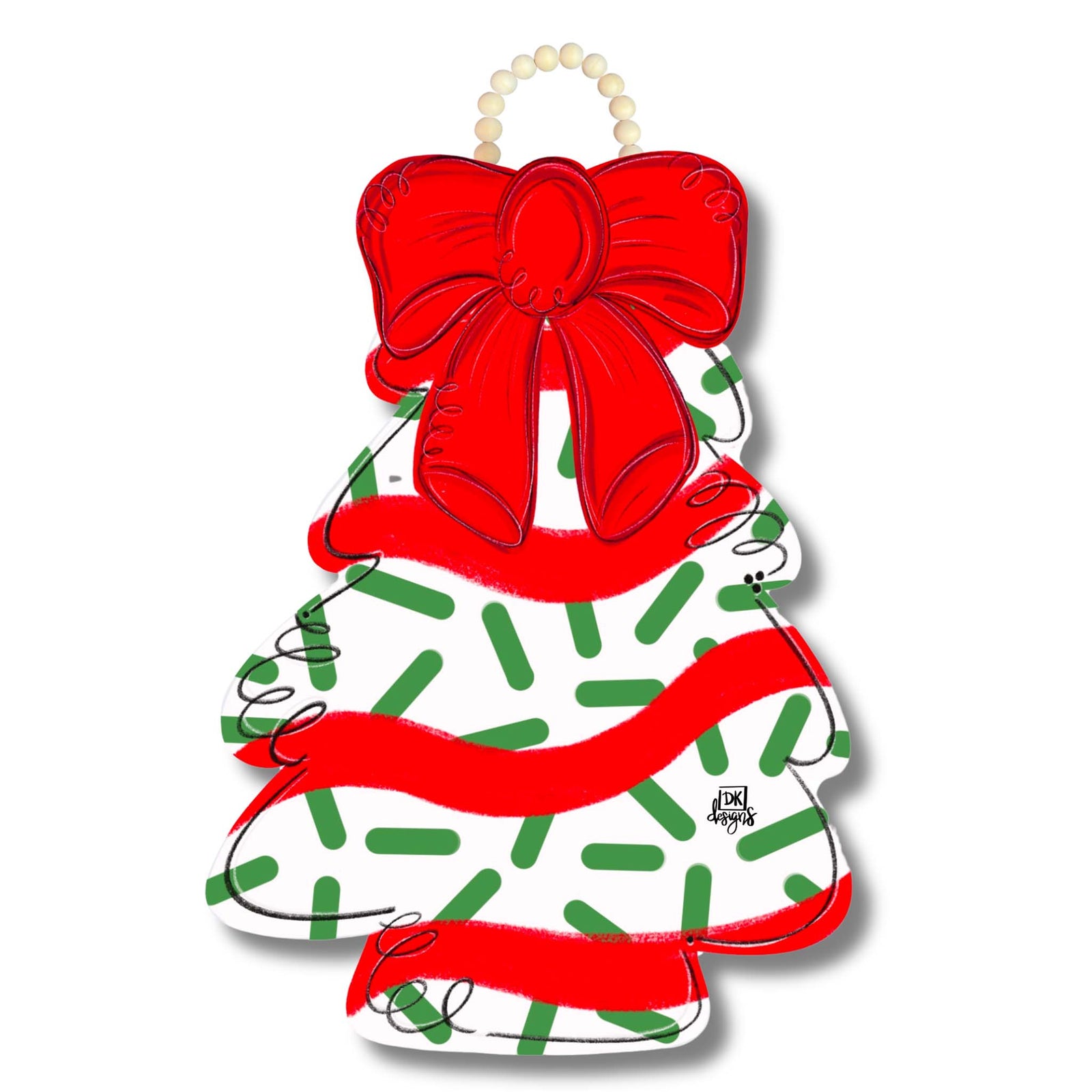 DK Designs Christmas tree door hanger with red bow, red ribbon stripes, green sprinkle pattern, and white beaded hanging loop.