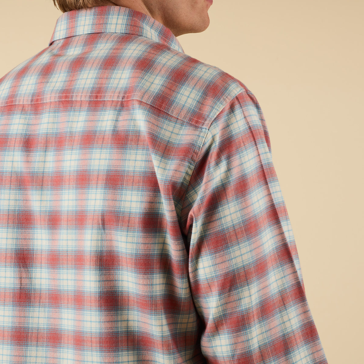 Person wearing a red and blue plaid shirt against a beige background
