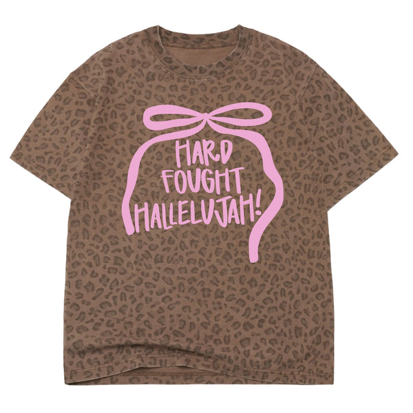 Cheetah Print Short Sleeve T-Shirt with light pink bow graphic and Hard-Fought Hallelujah! text shown on a white background.
