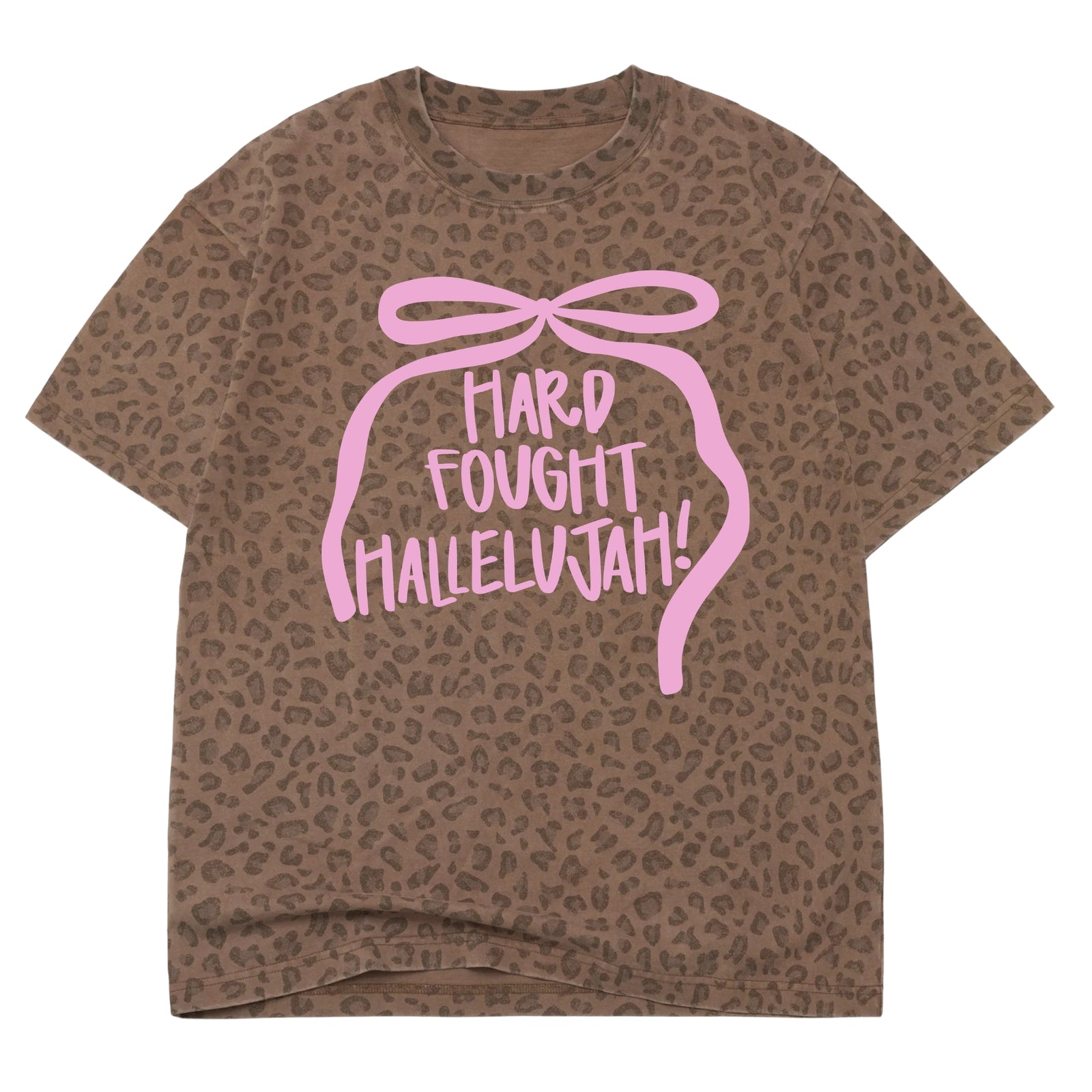 Cheetah Print Short Sleeve T-Shirt with light pink bow graphic and Hard-Fought Hallelujah! text shown on a white background.