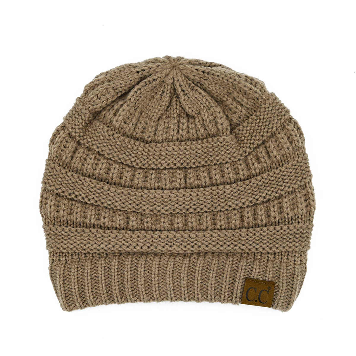 C.C knit beanie with ribbed cuff and small brown leather logo patch on the brim, laid flat on a white background.