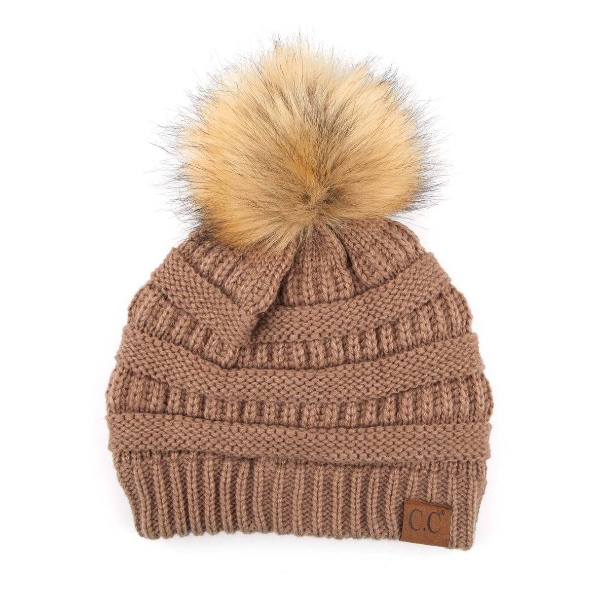 Knit Pom Ribbed CC Beanie in taupe