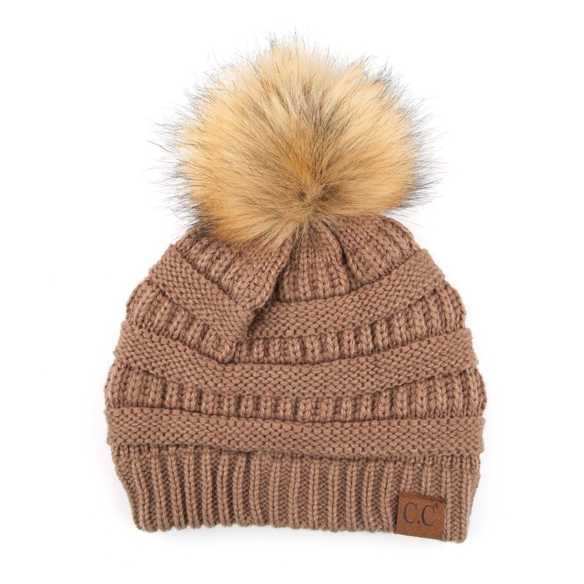 Knit Pom Ribbed CC Beanie in taupe