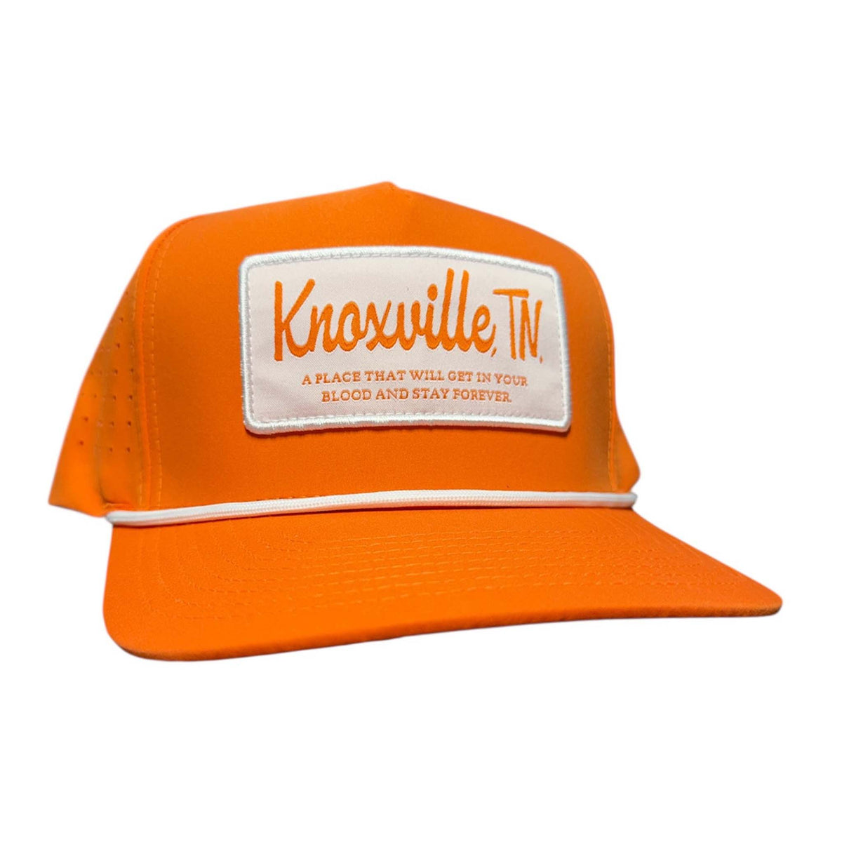 Orange cap with a white patch featuring 'Knoxville TV' text on a white background
