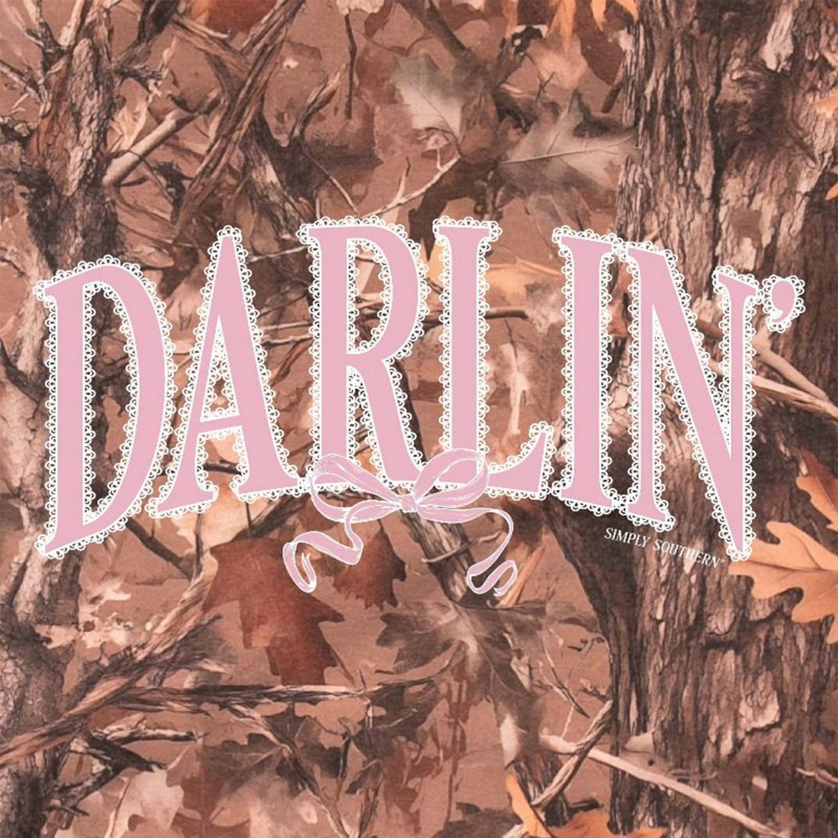 Simply Southern Darlin’ Camo Hoodie with allover camo print and pink lace-trimmed "Darlin’" graphic on the front.