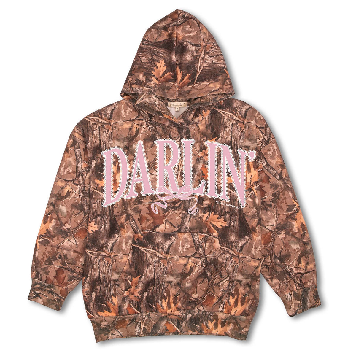 Simply Southern Darlin’ Camo Hoodie with allover camo print and pink lace-trimmed "Darlin’" graphic on the front.