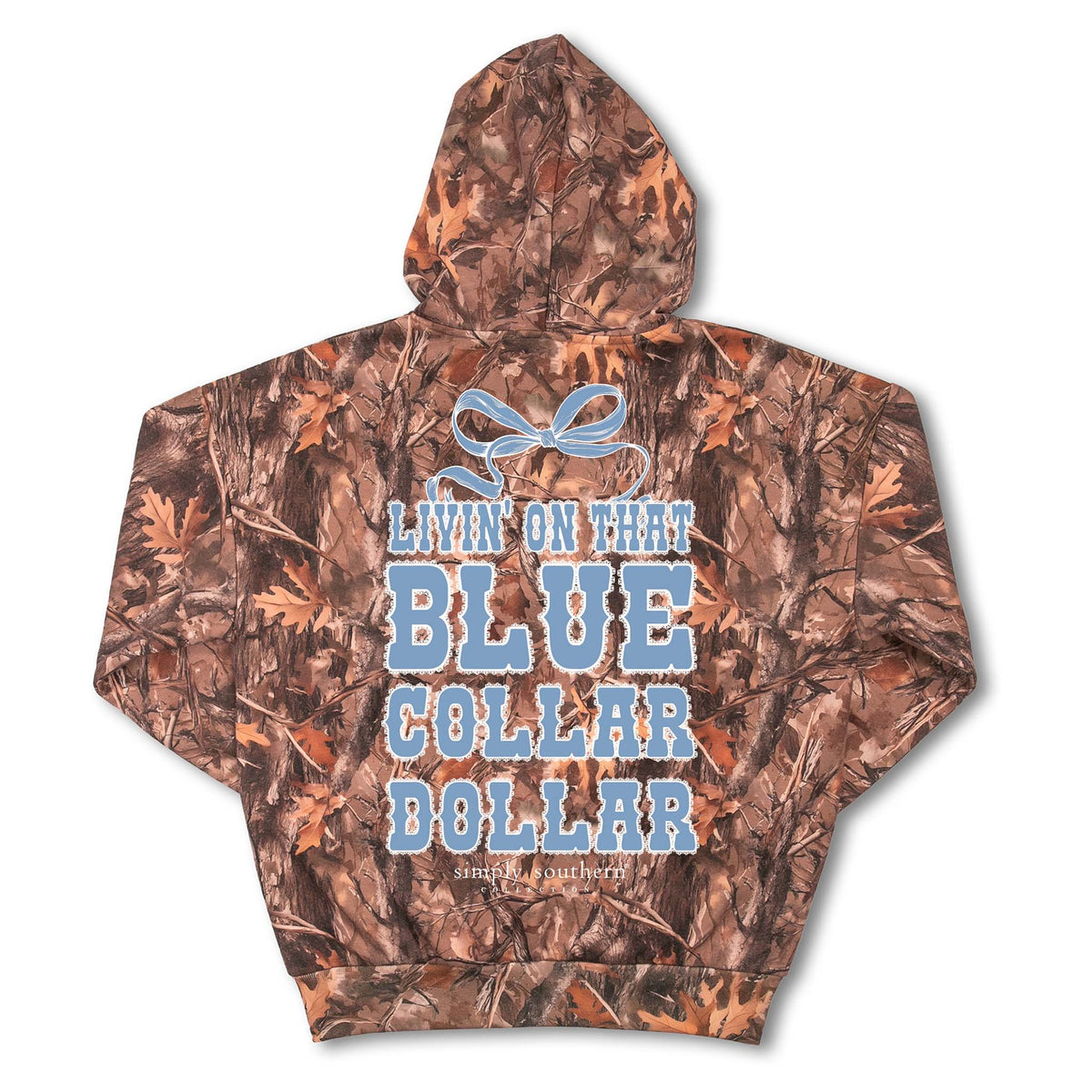 Simply Southern Blue Collar Dollar Camo Hoodie with camo print, blue bow on front, and large “Livin’ on that Blue Collar Dollar” graphic on back.