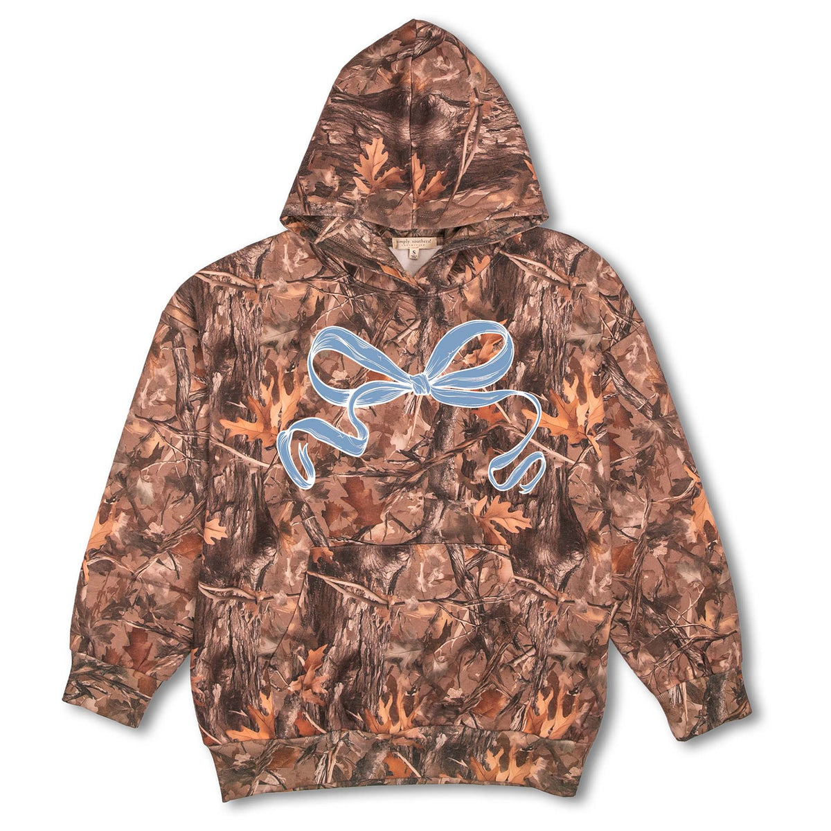 Simply Southern Blue Collar Dollar Camo Hoodie with camo print, blue bow on front, and large “Livin’ on that Blue Collar Dollar” graphic on back.