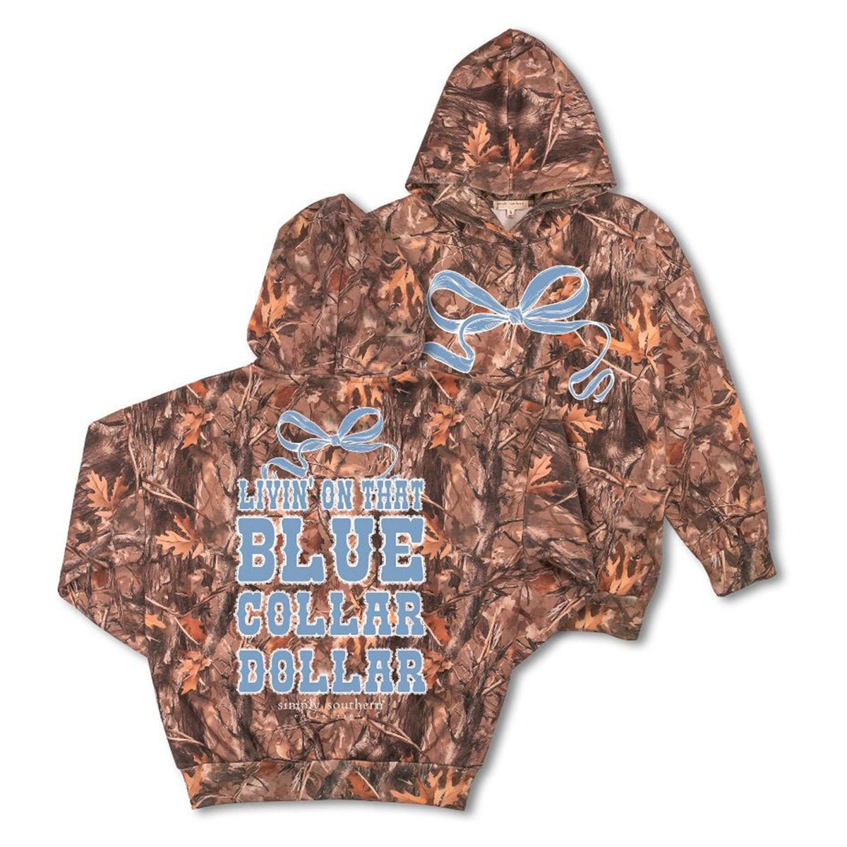 Simply Southern Blue Collar Dollar Camo Hoodie with camo print, blue bow on front, and large “Livin’ on that Blue Collar Dollar” graphic on back.