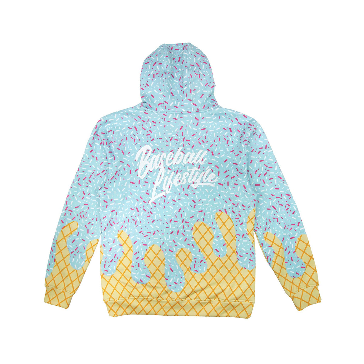 Back view of a hoodie with a blue ice cream sprinkle design and waffle cone pattern, featuring “Baseball Lifestyle” text across the shoulders.