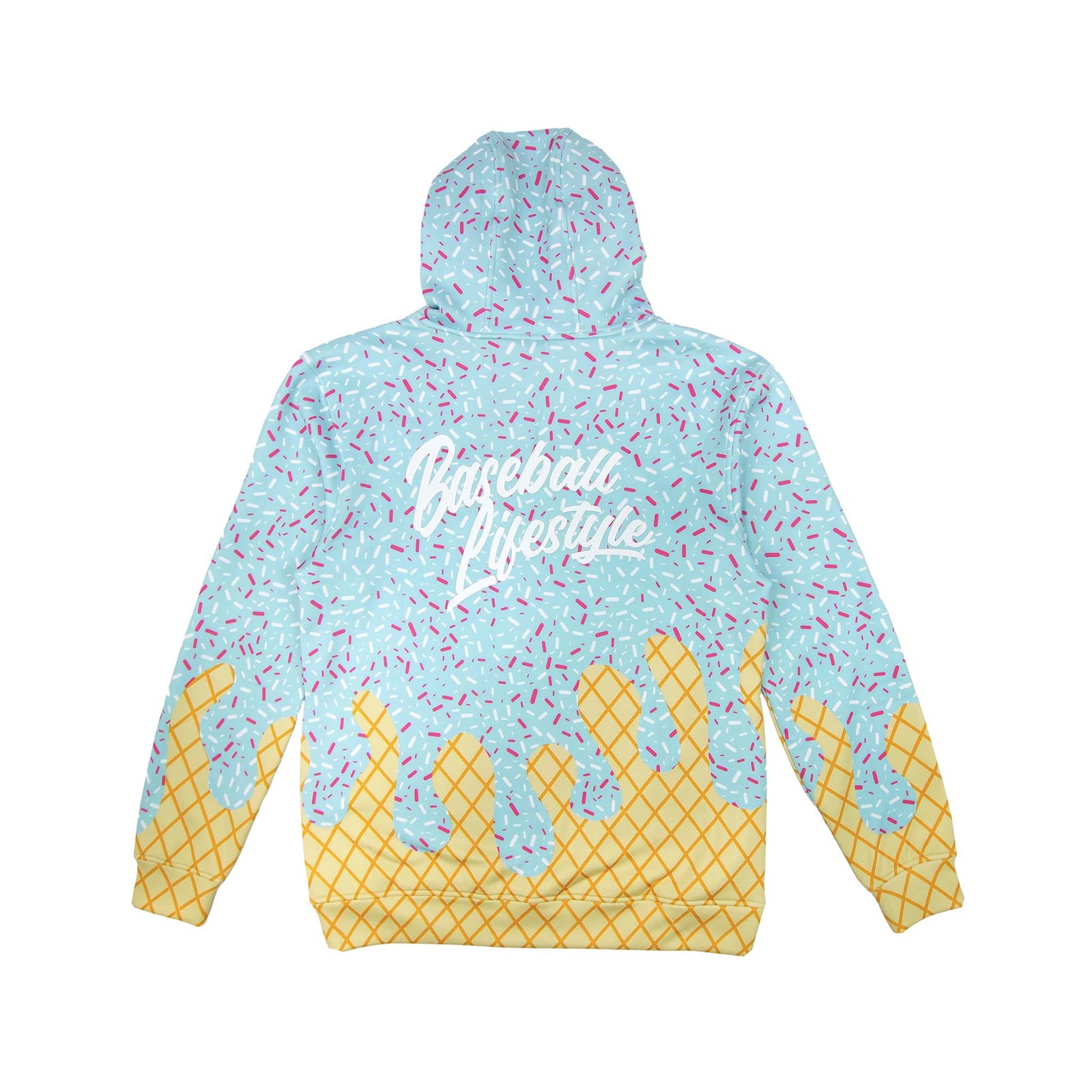 Back view of a hoodie with a blue ice cream sprinkle design and waffle cone pattern, featuring “Baseball Lifestyle” text across the shoulders.