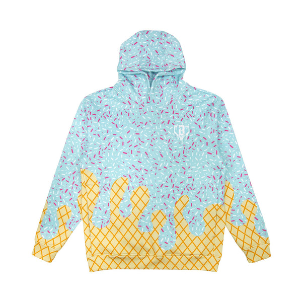 Front view of a hoodie with blue and pink sprinkle print melting into a yellow waffle cone design, with a small chest logo.