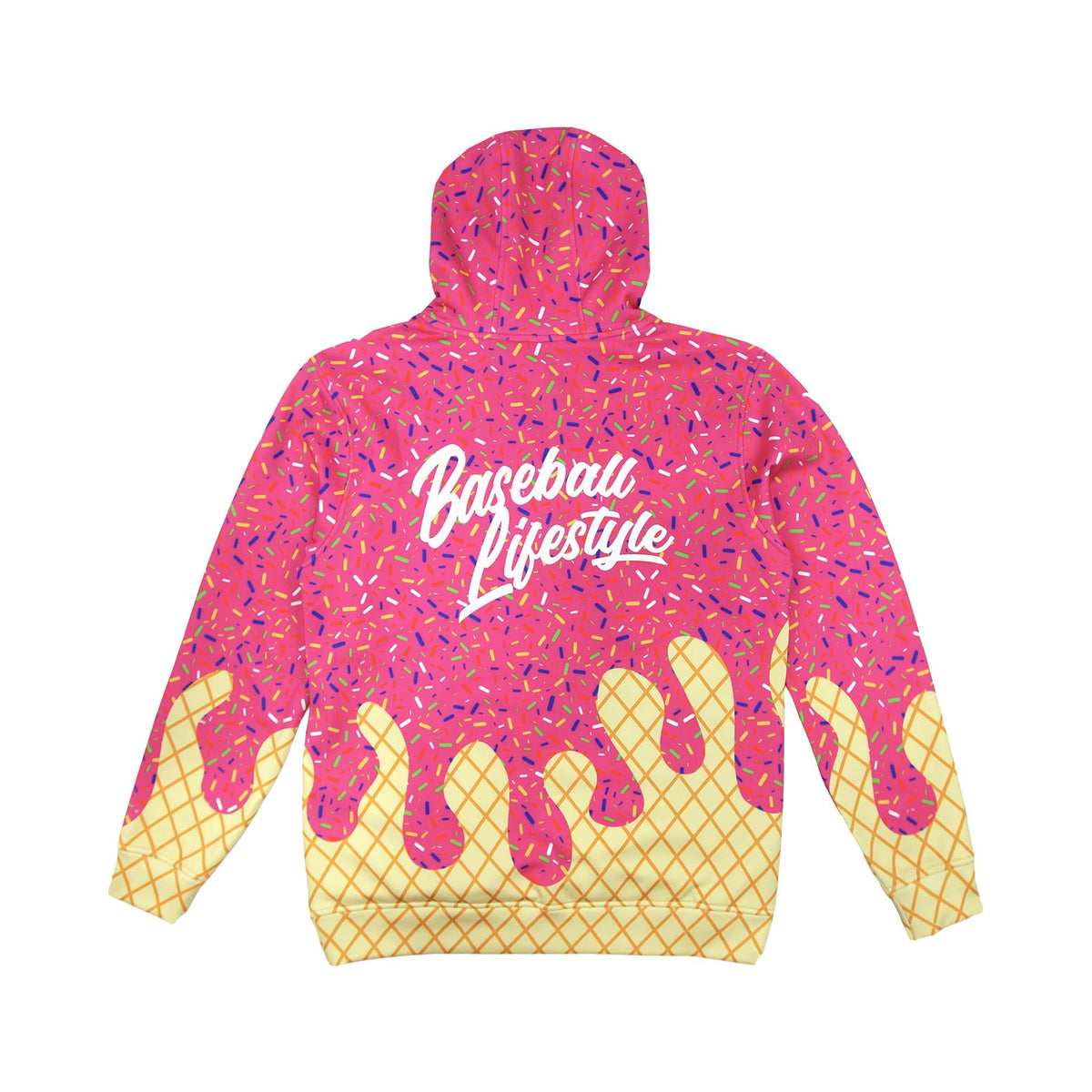 Back view of a hoodie with a bright pink sprinkle pattern and yellow waffle cone bottom, featuring “Baseball Lifestyle” script across the upper back.