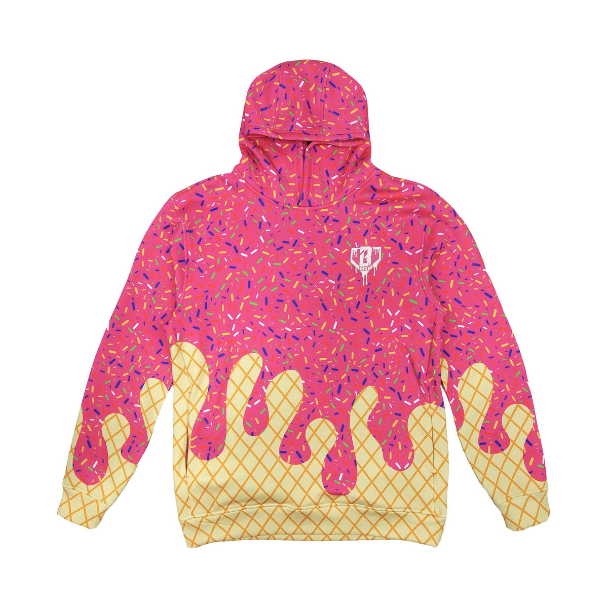 Front view of a hoodie with a pink ice cream sprinkle pattern and waffle cone base, finished with a small white chest logo.