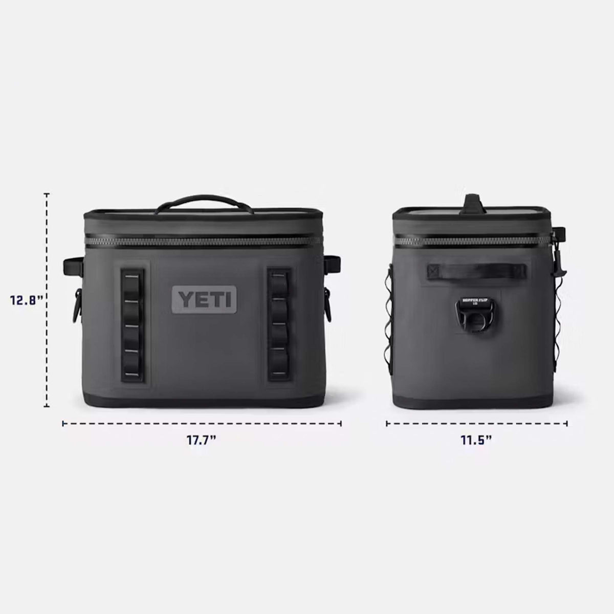 YETI Hopper Flip 18 cooler in grey shown from front and side with dimensions labeled: 12.8 inches tall, 17.7 inches wide, and 11.5 inches deep