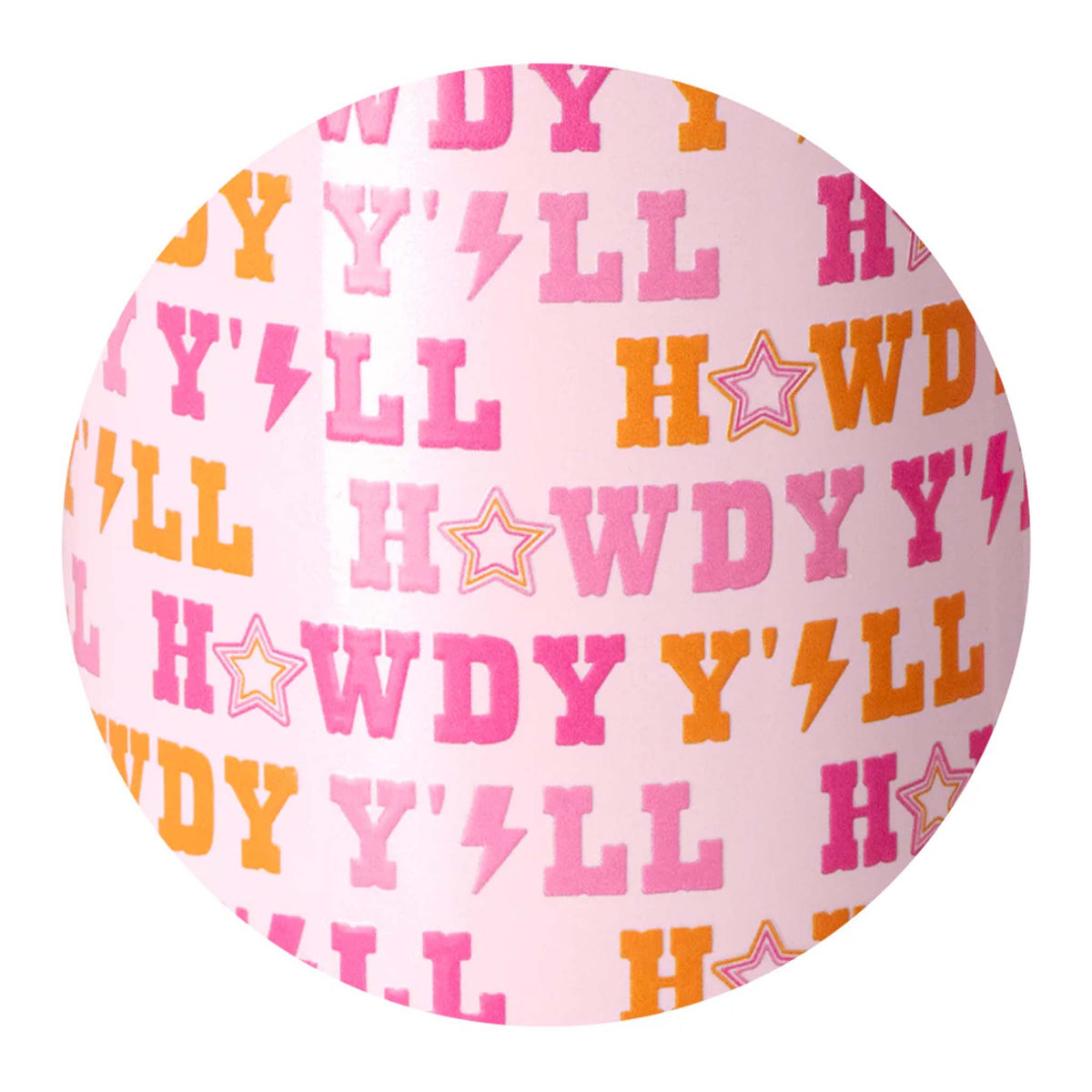 Close Up of Swig&#39;s Howdy Y&#39;all pattern, featuring a fun rockstar and cowgirl design with Howdy Y&#39;all in pink and orange repeating throughout, stars replace the letter O in Howdy, lightning bolts replace letter A in Y&#39;all on a light pink background.