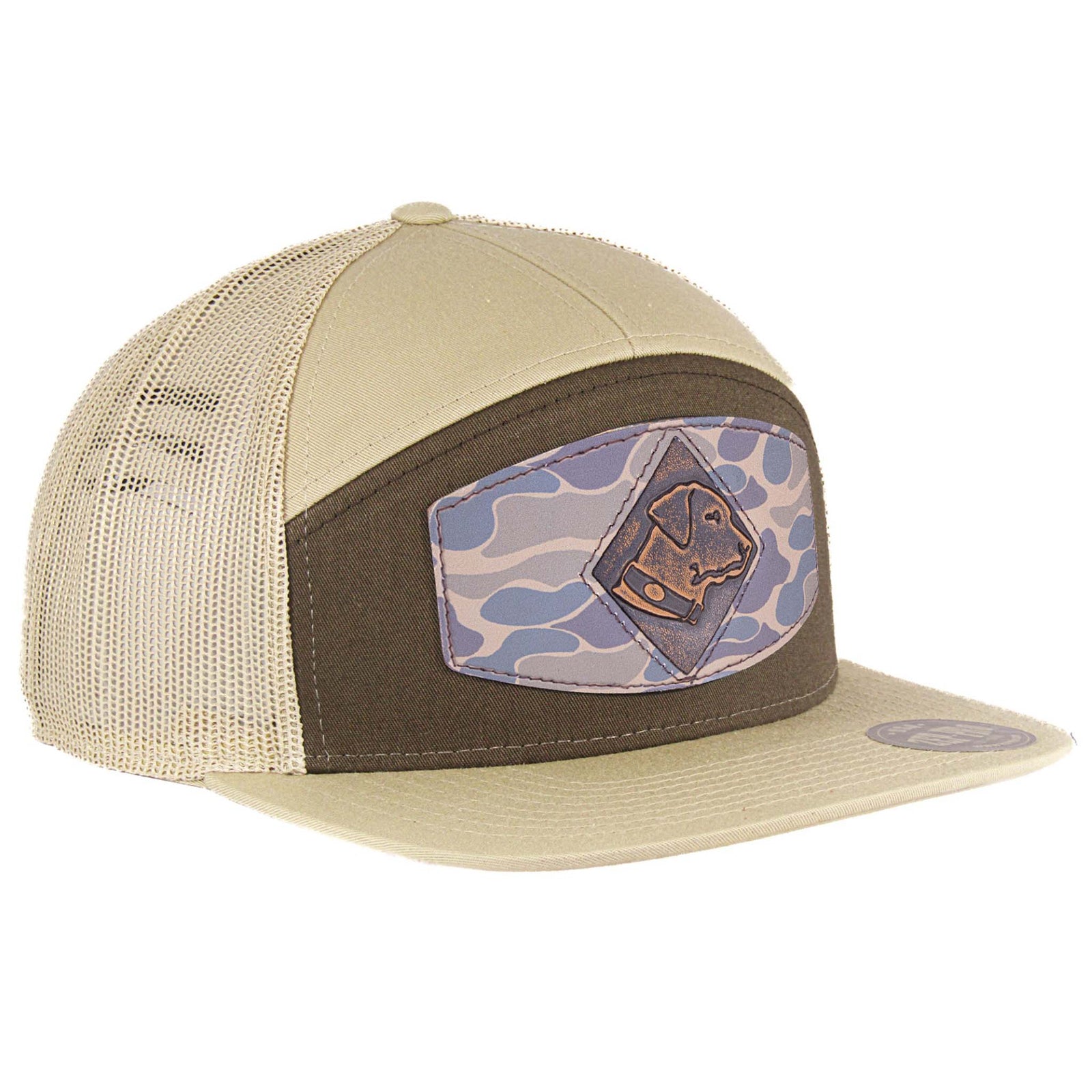 Richardson 168 7 Panel khaki  hat with khaki mesh backing. This hat features a flat bill, burnished brown lab patch on the front, and an adjustable snapback.