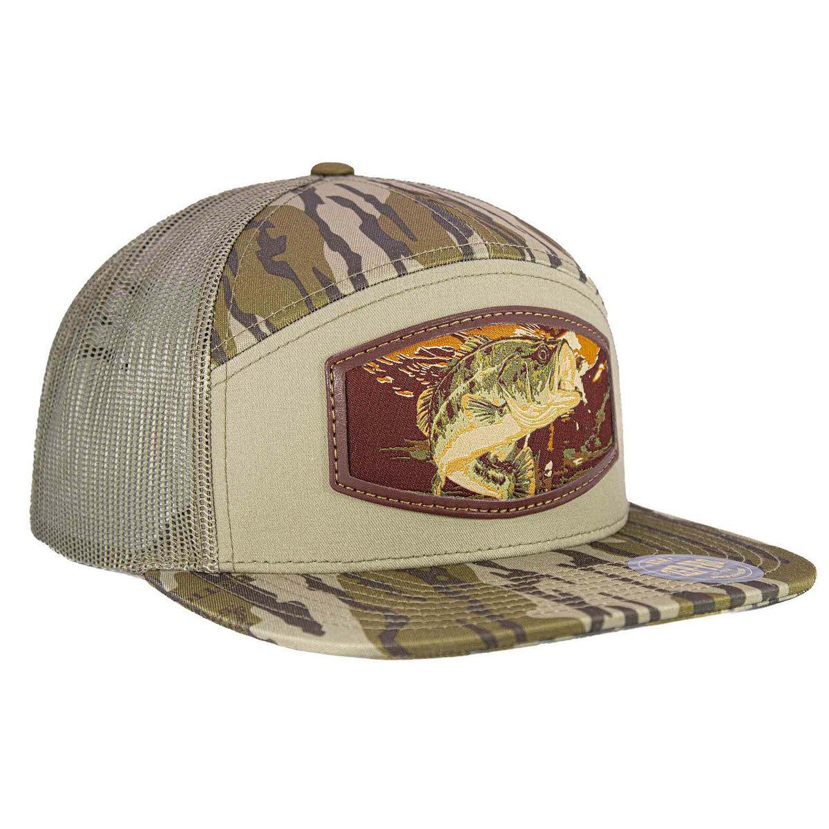 Olive and camo 7-panel hat with mesh back, flat brim, and a burnished patch featuring a detailed bass fish illustration on the front.
