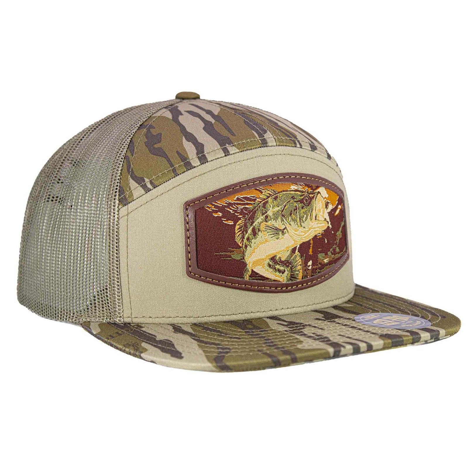 Olive and camo 7-panel hat with mesh back, flat brim, and a burnished patch featuring a detailed bass fish illustration on the front.