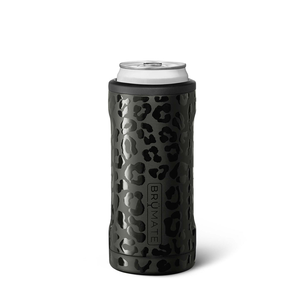 Black leopard print can cooler with white rim on a white background