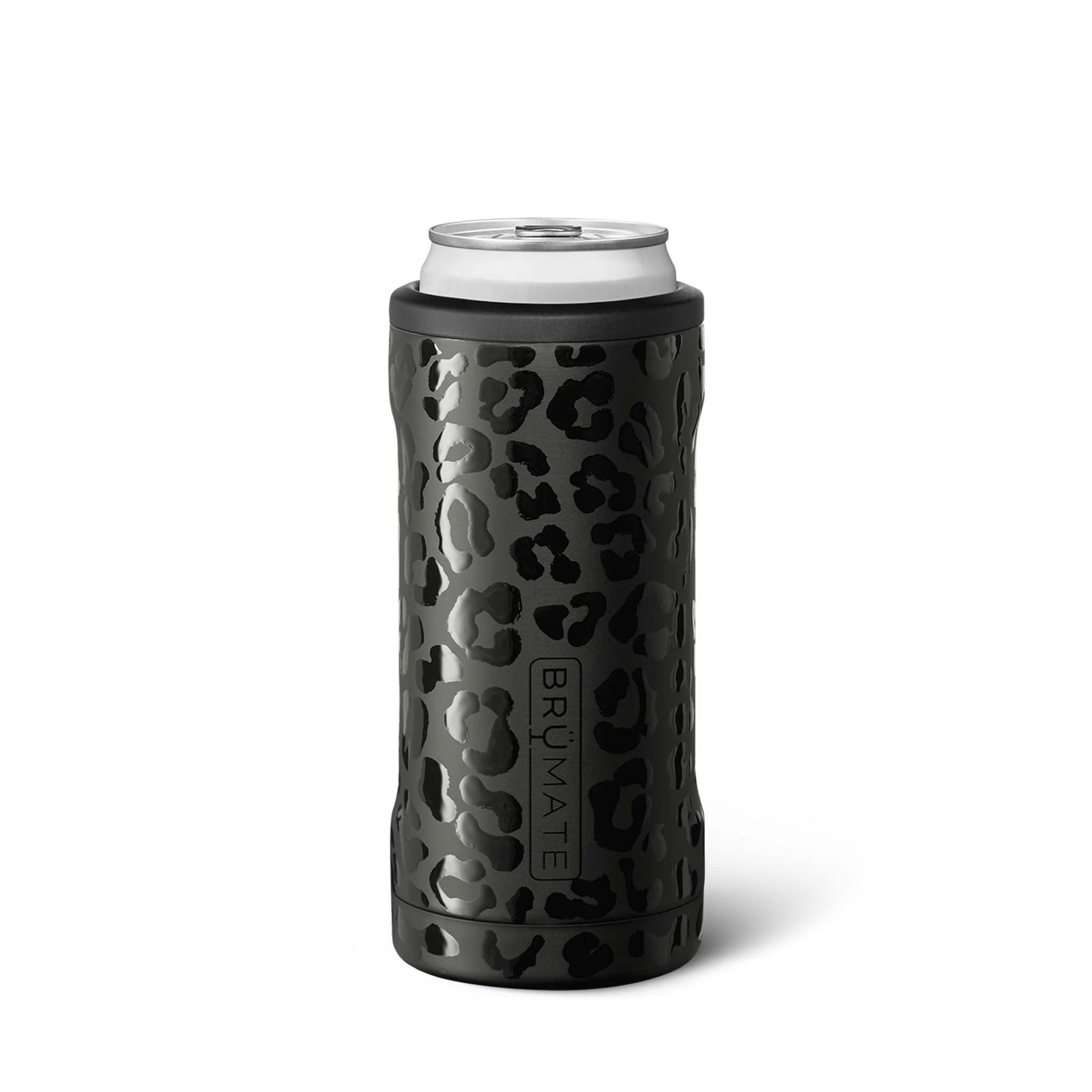 Black leopard print can cooler with white rim on a white background