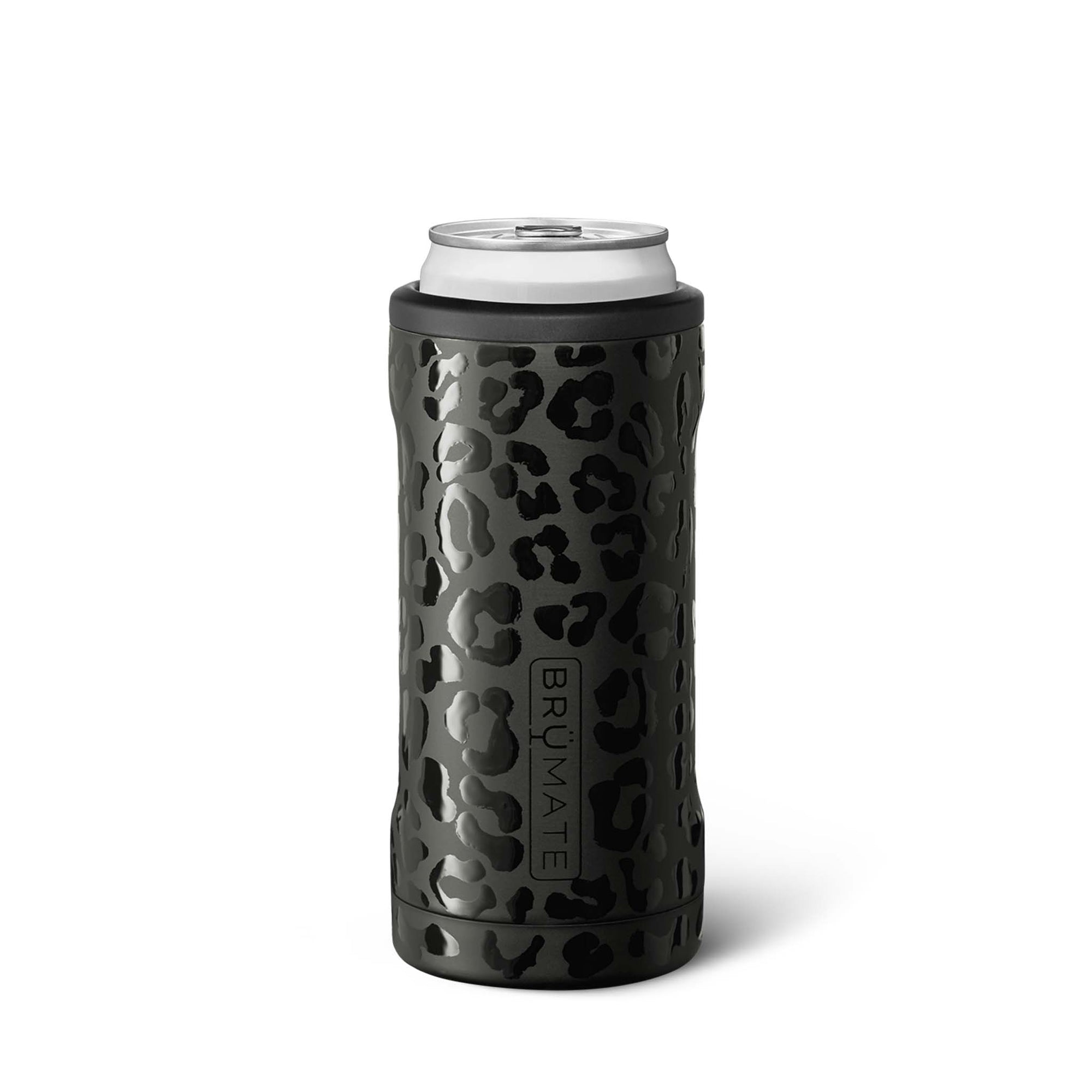 Black leopard print can cooler with white rim on a white background