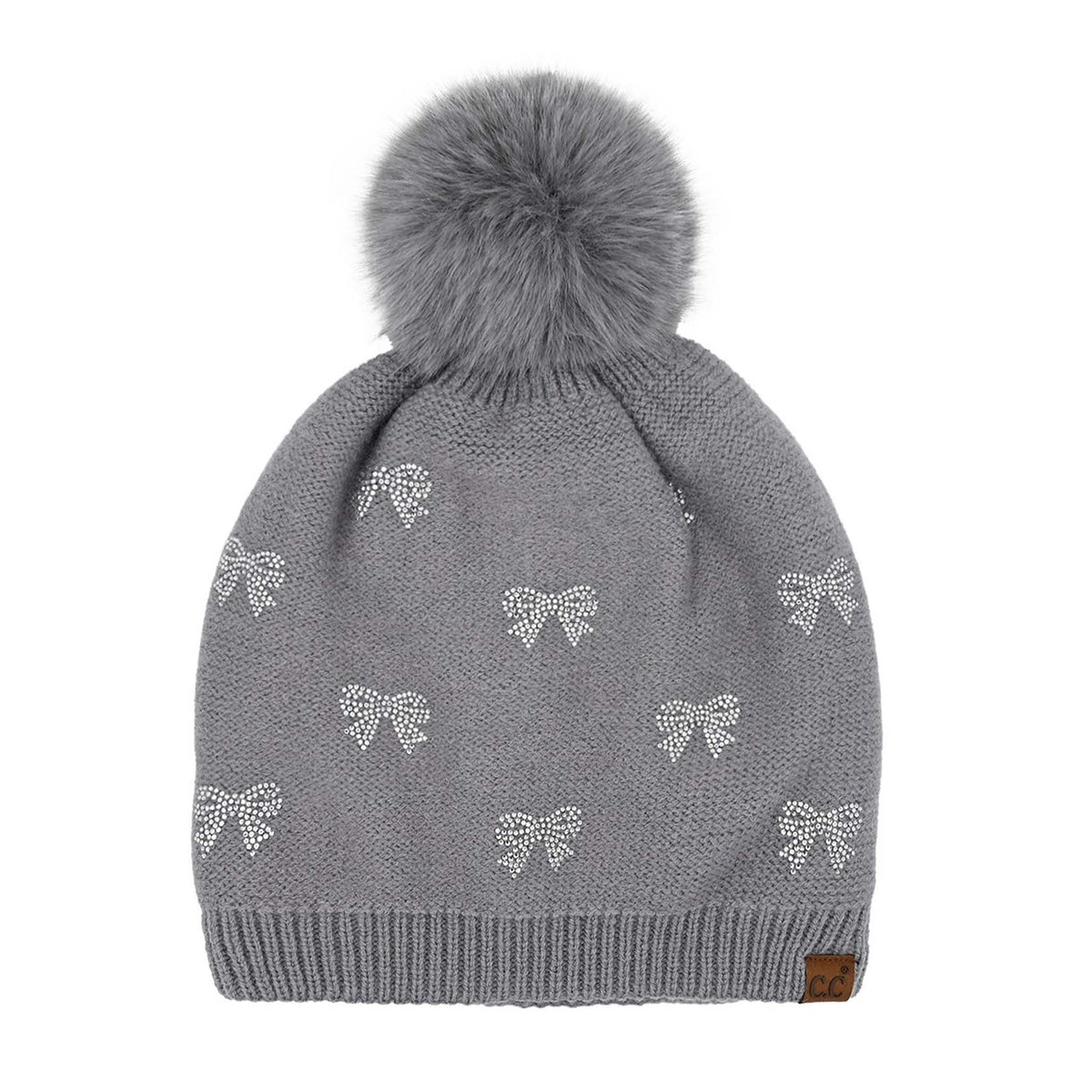 Mini Rhinestone Bow Pom CC Beanie
