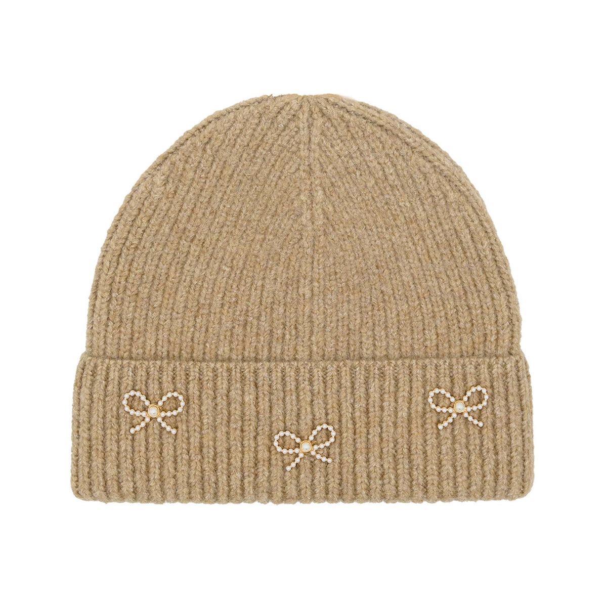 C.C ribbed knit beanie in taupe with three small pearl and bead bow embellishments across the fold-over cuff, laid flat on a white background.