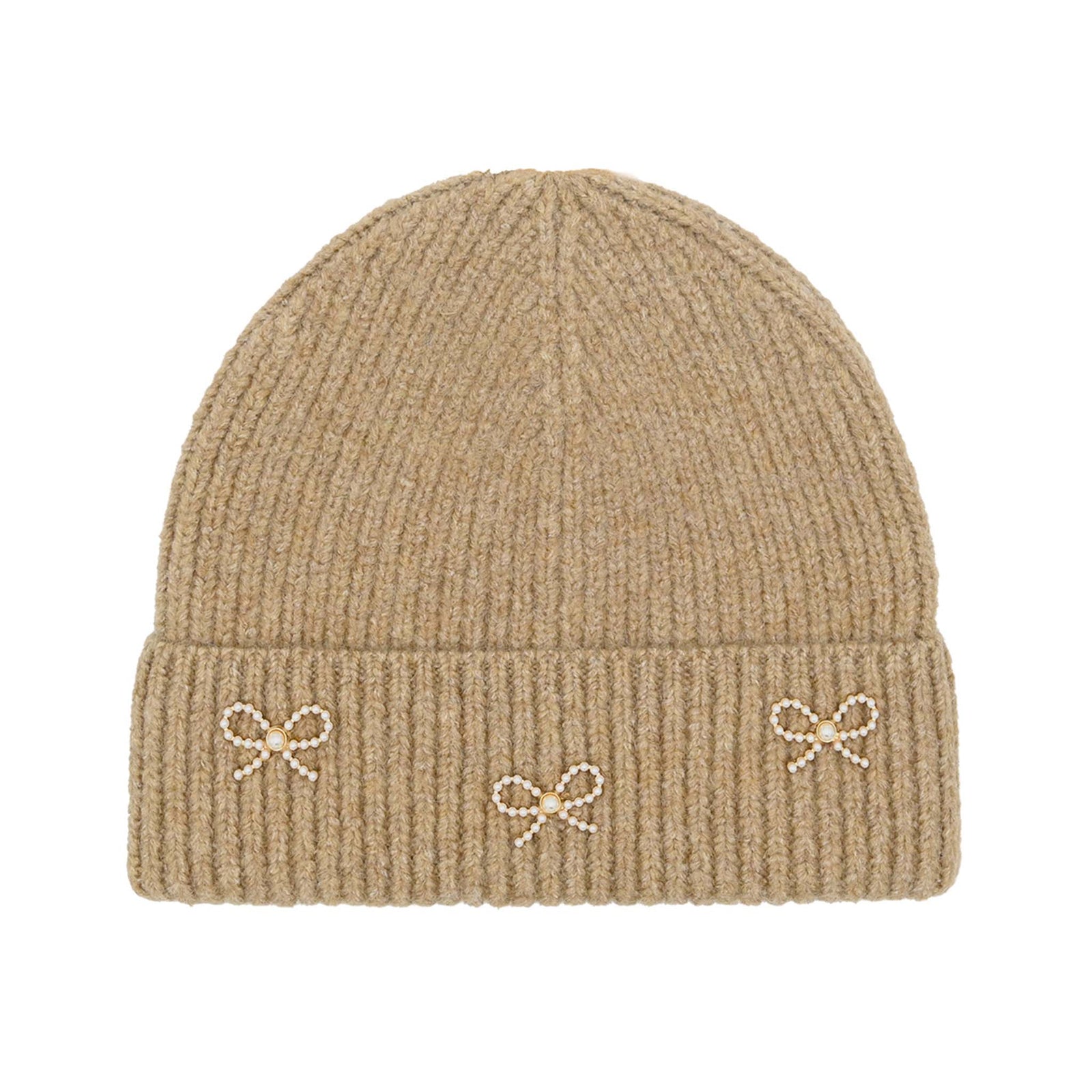 C.C ribbed knit beanie in taupe with three small pearl and bead bow embellishments across the fold-over cuff, laid flat on a white background.