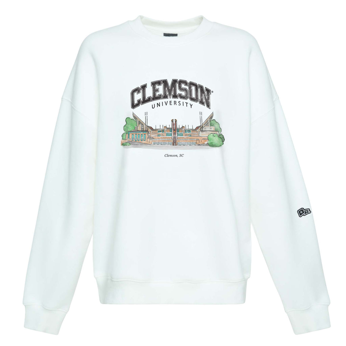 Front view of white crewneck sweatshirt with Clemson University stadium illustration graphic and New Era logo on sleeve.